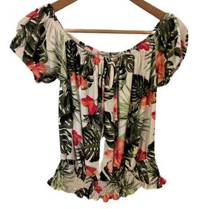 Orange Kiss Women's Smocked Tropical Floral Palm Top Size Medium